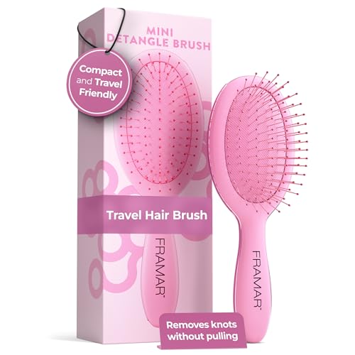 FRAMAR Mini Hair Brush Detangler – Mini Brush For Hair, Small Travel Hair Brush For Women, Travel Hairbrush Detangler, Compact For Travel, Reduces Breakage, For All Hair Types – Matte Pink - color: Pink - Mini