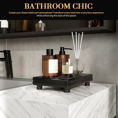 EOSAHR Decorative Pedestal Stand for Bathroom Decor – Small Display Stand for Kitchen Organizer & Soap Holder for Bathroom Sink – Wooden Tray to Beautify Home Decor (Black) - color: Black
