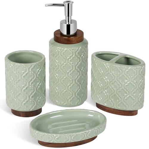 RQYIXI 4 Piece Bathroom Accessories Set, Green Ceramic Bath Accessory Set with Wood Accents, Soap Dispenser, Toothbrush Holder, Tumbler and Soap Dish, Elegant Bathroom Countertop Decor - color: Green
