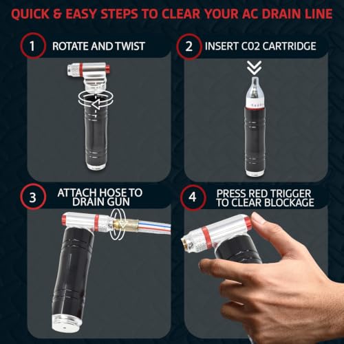 RedRock Gallo Drain Gun AC Drain Line Cleaner Tool, HVAC Air Conditioner Condensate Blaster Cleaning Kit with Flexible Hose Pipe, Includes 5 Unthreaded CO2 Cartridges - color: Red