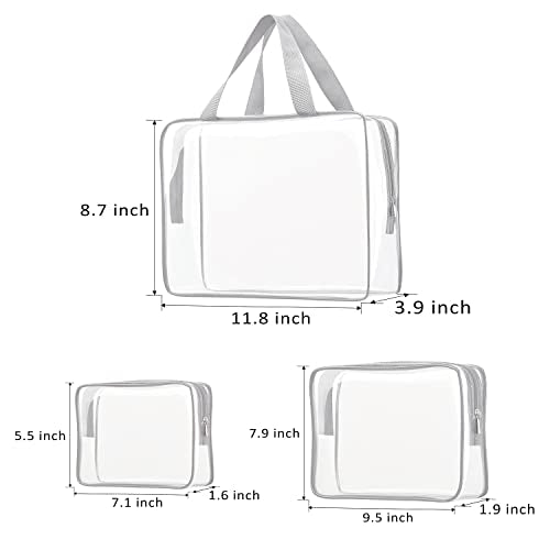 3pcs Clear Cosmetic Bags, TSA Approved Toiletry Bag Set Crystal Clear Travel Beach Essentials Bag Organization PVC, Clear Makeup Bags Luggage Pouch Carry on Airport Airline Compliant Bag Women Men - color: 3pcs Gray-1 large, 1 medium, 1 small