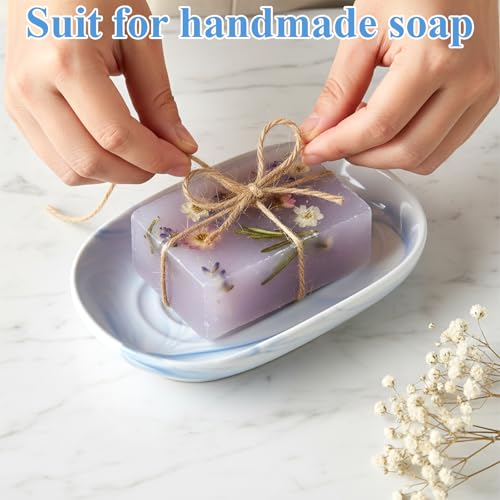 Ceramic Soap Dish, Blue Decorative Bathroom Soap Dish with Unique Marble Texture, Easy Clean Oval Decorative Soaps Tray for Bathroom & Kitchen