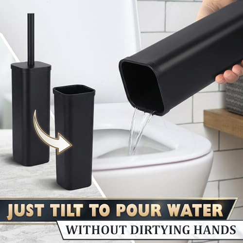 Black Toilet Brush with Square Stainless Steel Holder - Freestanding Toilet Brush and Holder Set Black - Removable Plastic Inner Cup, Splash Guard Cover, Replaceable Head, Corrosion Resistant Finish - color: Black Rounded Square
