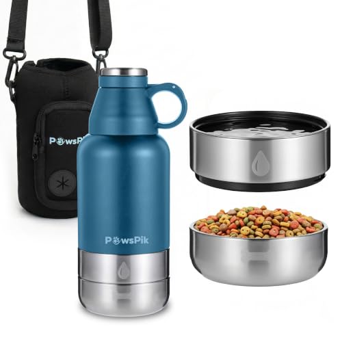 PawsPik 3-in-1 Travel Dog Water Bottle & Bowl Set, 32oz, Blue | Stainless Steel Vacuum-Insulated Bottle with Detachable Food & Water Bowls, Leak-Proof, Keeps Water Cold 12hrs/Hot 6hrs - color: Midnight Summit Blue