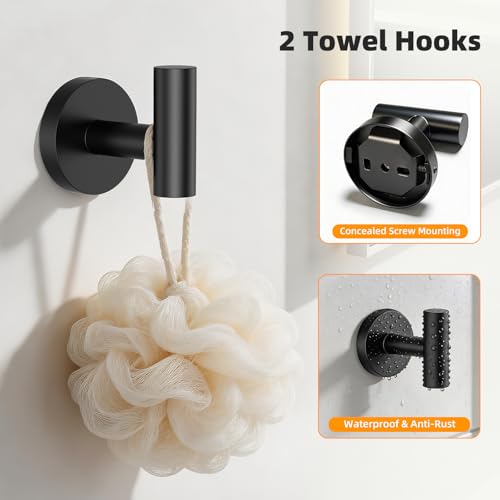 Black 5-Piece Bathroom Hardware Set, 23.6 Inch Towel Bar Set SUS304 Stainless Steel Towel Racks for Bathroom Round Towel Bar, Towel Ring, Toilet Paper Holder, 2 Robe Hooks, Wall Mounted - color: Matte Black