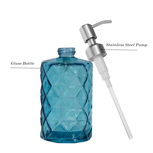 12Oz Blue Glass Soap Dispenser with Stainless Steel Pump, Refillable Kitchen Liquid Hand Soap Dispenser with Diamond Design, for Dispense Hand soap, Dish Soap, Lotion, Bathroom, Countertop, Hotel - color: Diamond Blue