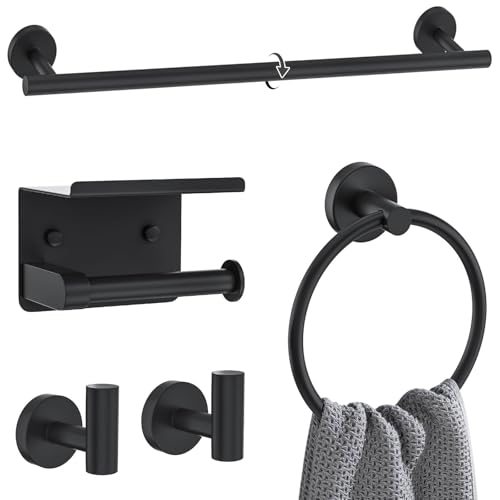 Matte Black Towel Bar Set 5 Pieces Bathroom Hardware Accessories Set Round Towel Holder Set for Bathroom Upgraded Toilet Paper Holder Stainless Steel Wall Mounted Towel Rack Set,23.6 Inch - color: Black