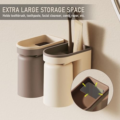Toothbrush Holder Wall Mounted with Cup,2-in-1 Toothbrush Holders & Cups Set,Inverted Design for Easy Cleaning and draining,Stick-on Toothbrush Holder for Bathroom (Beige+Coffee) - color: Beige+coffee