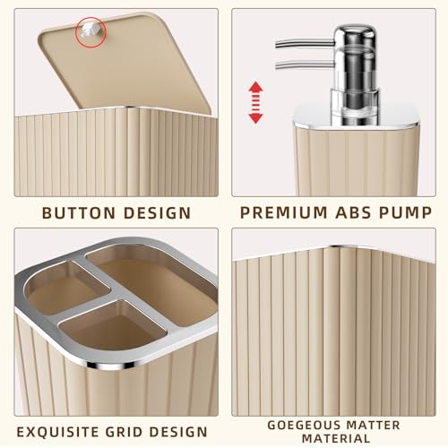 XLHOMO 26PC Bathroom Accessories Set - Gorgeous Bathroom Set, Beige Bathroom Accessory Set, Shower Curtain Set with Bathtub Mats for Shower Tub, Trash Can & Soap Dispenser - size: Bath Set+Bathtub Mat+Shower Curtain&Rugs, style: Beige&Silver