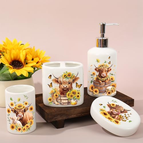 JarThenaAMCS 4Pcs Highland Cow Sunflower Bathroom Accessories Ceramic Liquid Dispenser Toothbrush Holder Tumbler Soap Dish for Summer Home Party Favors Supplies