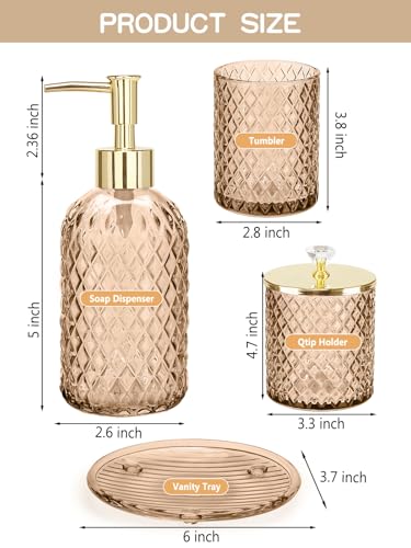 Haturi Amber Brown Bathroom Accessories Set, 4Pcs Glass Bathroom Accessory Set Complete w/Soap Dispenser, Toothbrush Holder, Qtip Holder, Soap Dish, Gold Bathroom Decor Sets, Gift for Home Apartment - style: Amber Brown