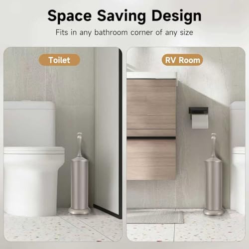 Stain Nickel Toilet Brush and Holder，Extra Long Handled Toilet Brush for Bathroom，Stainless Steel Heavy Duty Toilet Bowl Brush,Deep Cleaning Modern Toilet Cleaner Brush -Space Saving, Covered Brush - color: Stain Nickel