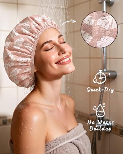 Yanibest Shower Cap for Women - Frizz Free Satin Lined Shower Cap Waterproof Large Double Layer Reusable with Soft Elastic Band for Braids Long Hair - color: Pink