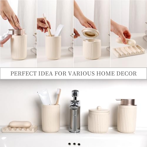 BosilunLife Bathroom Accessories Set - Ceramic Bathroom Set Bathroom Decor Sets Bathroom Counter Foam Soap Dispenser and Toothbrush Holder Set, Soap Dish, Apothecary Jar (Striped Apricot) - color: Apricot-foam