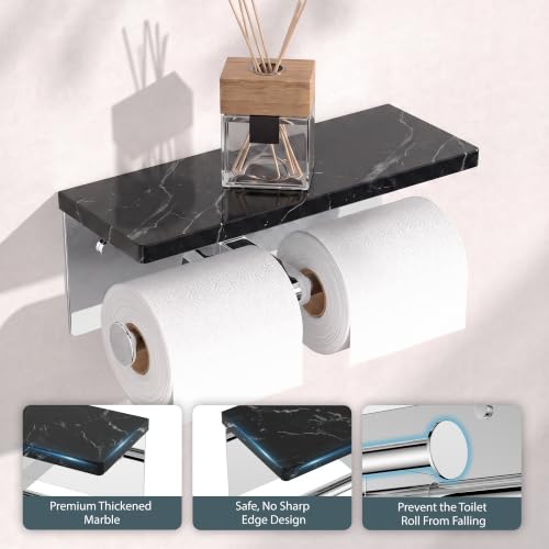 FORIOUS Double Toilet Paper Holder with Shelf, Wall Mount Tissue Roll Holder for Bathroom, 304 Stainless Steel Commercial Toilet Tissue Dispensers with Phone Shelf (1, Chrome-Marble) - color: Chrome-marble