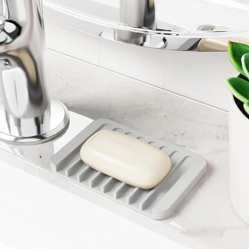 4-Pack Self Draining Soap Dish for Shower Bathroom Waterfall Silicone Soap Saver Tray Sponge Holder for Kitchen Sink Non-Slip Easy Clean (White) - color: White