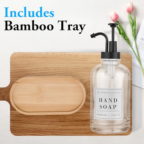 Glass Soap Dispenser with Pump,Tray,Funnel, Countertop Soap and Lotion Dispenser Set of 2, Dish and Hand Soap Dispenser Bottle for Kitchen,Bathroom,Shower, with 60 Stickers, 500ml/16.9oz - color: Blk-5010-2b