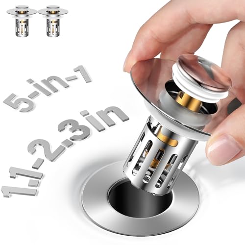 5-in-1 Bathroom Sink Stopper, 2 Pc Pop-Up Sink Drain Strainer with Removable Bascket, Anti-Clog Strainer, Odor Blocking & One-Way Flow Design, Brass & Stainless Steel All Metal Made, Fit 1.1"–2.36"