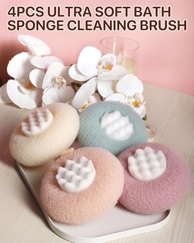 Super Soft Sunflower Suction Cup Bath Sponge loofah, 2026 Upgraded 2-in-1 Sunflower Ball Exfoliating Bath Sponge Cleaning Brush, Mesh Shower Body Sponge Accessories for Women, Men Shower (4 Color) - color: Blue+pink+purple+white