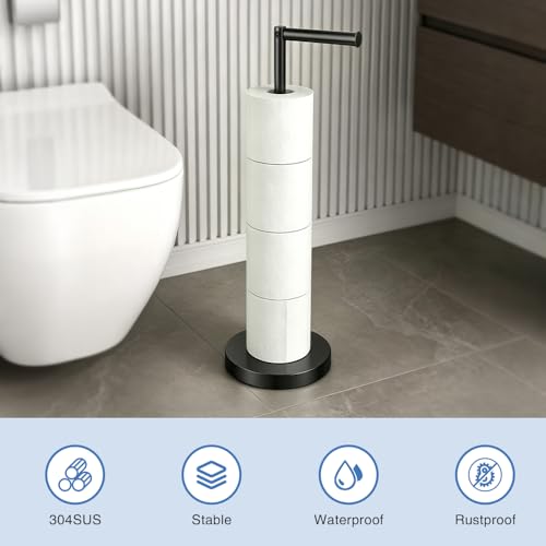 Free Standing Toilet Paper Holder Stand with Weighted Base, SUS304 180 Degree Rotatable Tissue Holder with Shelf, Can Extra Storage 4 Rolls, Black Bathroom Toilet Roll Holder - color: Matte Black