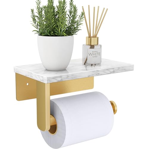 Brushed Gold Toilet Paper Holder with Natural Marble Shelf, 304 Stainless Steel Screw Wall Mounted, Tissue Roll Paper Holder Dispenser for Bathroom Washroom - color: Gold