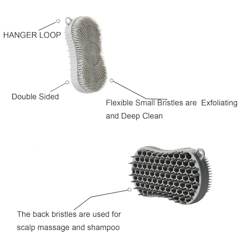Silicone Body Scrubber, Double Sided Exfoliating Brush with Soft Flexible Bristles, Scalp Massage and Shampoo Tool with Hanger Loop(Grey) - color: Grey