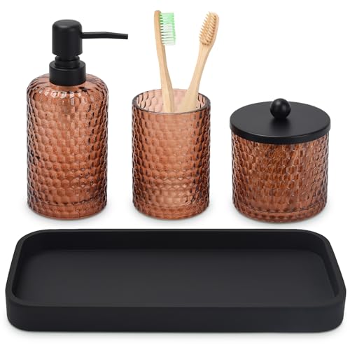 Bathroom Accessories Set,4 Pcs Amber Glass Bathroom Accessories Sets-Lotion Soap Dispenser,Toothbrush Holder,Qtip Holder Dispenser & Resin Vanity Tray,Countertop Vanity Organizer,Amber - color: Amber + Matte Black Tray