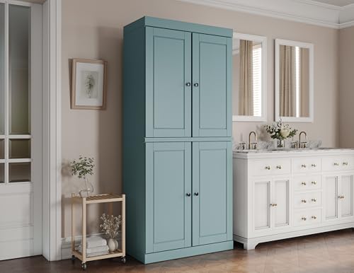 Palace Imports Solid Wood Tall Bathroom Pantry Cabinet with 4 Wooden Doors & Adjustable Shelves, Aqua - 100% Eco-Friendly, Renewable, Space-Saving Storage, 71.5" H x 32" W, Made in Brazil - color: Aqua