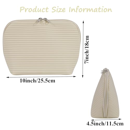 Travel Makeup Bag for Women, Waterproof Stand Up Cosmetic Bag with Brush Holders, Organizer Bag with Compartments, Fold-Down Design for Skincare, Toiletries & Essentials (Beige, Medium) - color: Beige, size: Medium