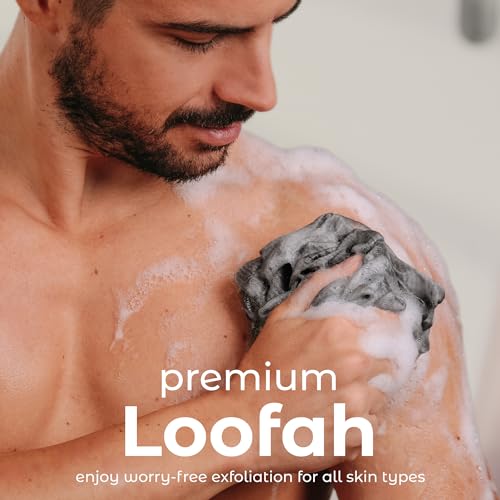 MainBasics Shower Loofah Sponge Pouf, Set of 3, Charcoal Infused | Soft Mesh Body Scrubber and Bath Sponge for Gentle Exfoliation, Rich Lather, and Everyday Shower Use - style: Charcoal