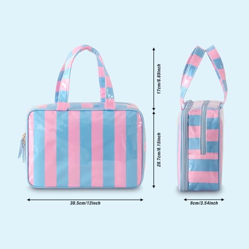 Travel Toiletry Bag for Women, Waterproof Clear Coated Portable Stripe Makeup Cosmetic Bag with Compartment, Travel Organizer for Shampoo, Conditioner, Brushes Set,Cosmetic Accessories(Pink-Blue) - color: Pink-Blue
