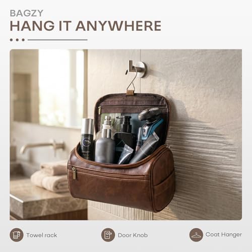 Travel Toiletry Bag for Men, Hanging Hygiene Bag EDC Pouches Small Dopp Kit Water-resistant Mens Shaving Kit Bags PU Leather Toiletry Organizer for Travel Weekend Fitness Hospital Brown - color: Brown