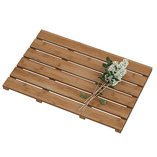Bamboo Wooden Bath Floor Mat for Luxury Shower - Non-Slip Bathroom Waterproof Carpet for Indoor or Outdoor Use (Walnut) - color: Walnut, size: 21.3" x 14.2" (Rectangular)