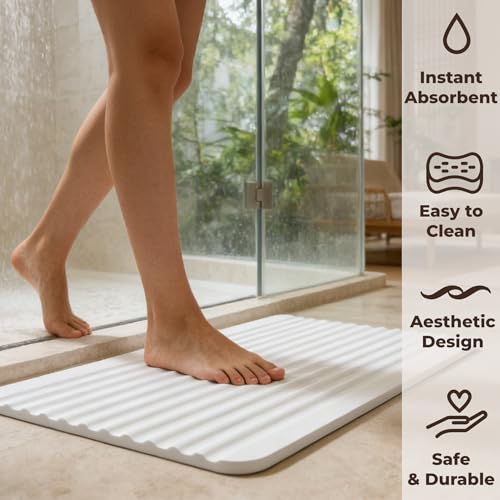 Stone Bath Mat Diatomaceous Earth Shower Mat Non-Slip Ultra Absorbent Durable Stone Mats for Bathroom/Kitchen Fast-Drying Modern Design Easy to Clean (24''*16'' White) - color: White