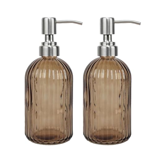 14Oz Brown Soap Dispenser Bathroom - 2 Pack, Clear Glass Hand Soap Dispensers with Stainless Steel Pump, Refillable Dish Soap Dispenser for Kitchen, Countertop Soap Dispensers - color: Brown（2-pack）