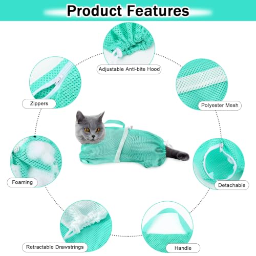 JULMELON Cat Bathing Bag Kit Adjustable Mesh Cat Washing Bag with Nail Clippers Nail File Brush Comb Tick Remover Tool Pet Grooming Bag for Cats and Small Dogs - color: Black+Green