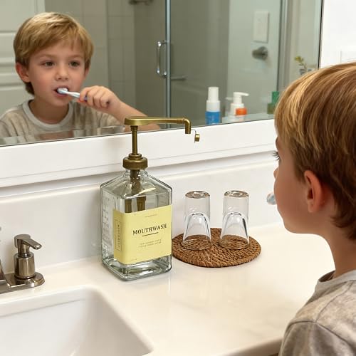 eBun Gold Mouthwash Dispenser Set, 37oz Glass Bottle with Pump & Cups | Large capacity pump dispenser for bathroom. Includes glass mouth wash bottle & matching cups for stylish daily oral care - color: Gold