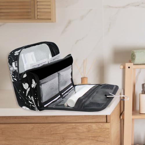 MNSRUU Hanging Toiletry Bag Gothic Skull and Butterflies Travel Makeup bag for Toiletries Portable Travel Toiletry Organizer Cosmetic Bags with Hanging Hook - color: Skull A10819