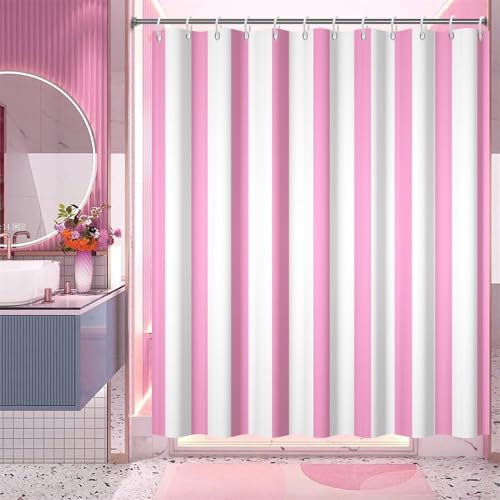 Pink White Striped Shower Curtain Sets Decor Pink and White Vertical Stripes Decor Modern Fashion Simple Bathroom Curtain for Home Bathtub Stall Decoration Hooks Included,48x72inch - color: Pink, size: 48"W x 72"L (Pack of 1)