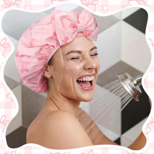 Janmercy Pink Bow Shower Cap for Women Terry Lined Shower Cap Reusable Waterproof Double Layer Bath Bonnet Adjustable Non Slip Quick Dry for Braids Long Straight Curly Hair Women Gifts - color: 3D Bow, style: Pink Bow
