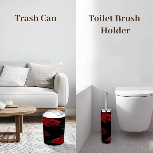 Bathroom Accessory Set 6 Piece Beautiful Pattern red Roses Black Toothbrush Holder, Toothbrush Cup, Soap Dispenser, Soap Dish, Toilet Brush Holder, Trash can for Countertop Rustic Decor