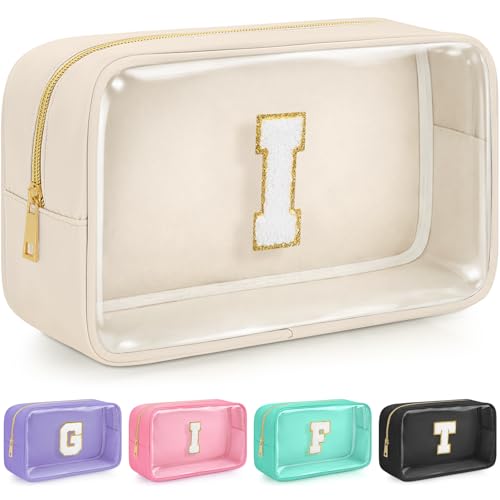 Initial Clear Makeup Bag, Birthday Gift Preppy Chenille Patch Cosmetic Bag, Initial Travel Essentials Beach Toiletry Pouch, Ideal Gift for Teachers & Moms, Women and Girls (Beige, I) - color: Beige, style: I