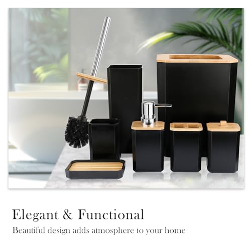 CERBIOR Bathroom Accessories Set 7 Piece Bath Ensemble Includes Soap Dispenser, Toothbrush Holder, Toothbrush Cup, Soap Dish for Decorative Countertop and Housewarming Gift (Black) - style: Black