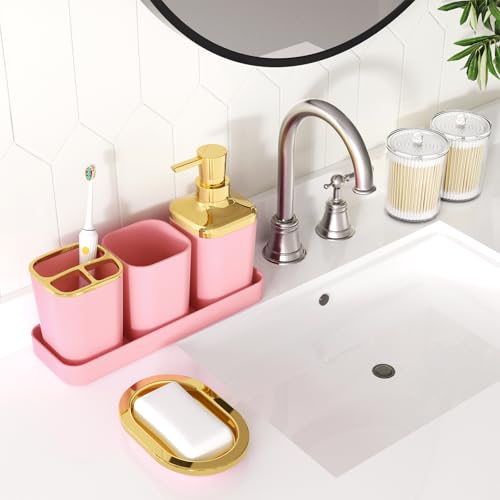 XLHOMO Bathroom Accessories Set - Luxury Pink Bathroom Set, 9 Pieces Bathroom Accessory Set, Pink Bathroom Accessories with Trash Can, Toilet Brush & Soap Dispenser - color: Pink & Gold, size: Bathroom Set