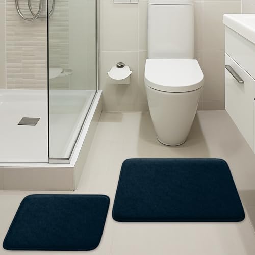 2-Piece Bathroom Rug Set - Memory Foam Bath Mats, Ultra-Soft, Water Absorbent, Machine Washable Navy Blue Bathroom Rugs - color: Navy Blue, size: 2-Piece Set