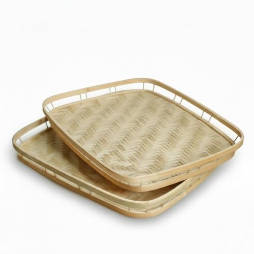 PEMAR Wicker Serving Trays w Handles,Rectangular Hand-Woven Lap Trays,Bamboo Bedroom Trays,Cabin Trays for Foods & Drinks. Decorative Trays for Coffee Tables,Breakfast,Dinners,Bed Eating. 2 Pack Set - size: Standard (16.93"L x 13"W)