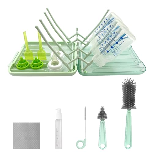 Baby Bottle Brush, 7 in 1 Travel Bottle Cleaner Kit with Silicone Bottle Brush, Nipple Brush, Straw Brush, Soap Dispenser, Bottle Drying Rack, Dishcloths, Portable Essentials for Home and Travel-Green - color: Green