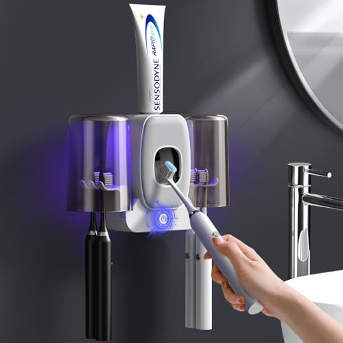 Toothbrush Holders for Bathrooms, Wekity Automatic Toothpaste Dispenser Space Saving Toothbrush and Toothpaste Holder，Toothbrush Holder Wall Mounted with 2 Cups for Bathroom (Grey)… - color: Grey