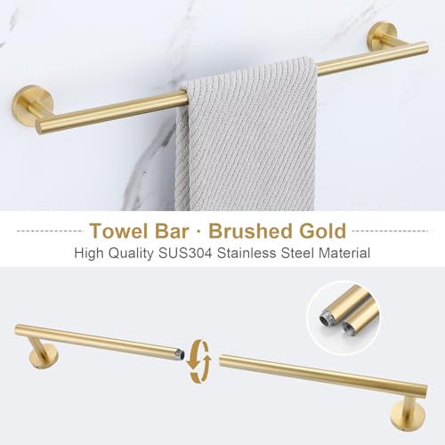 Lairuier 5 Pieces Brushed Gold Bathroom Accessories Set, 23.6 Inch Bath Towel Bar Set, SUS304 Stainless Steel Bathroom Hardware Set Round Toilet Paper Holder Set Wall Mounted - color: Brushed Gold, size: 5-Piece Standard Set