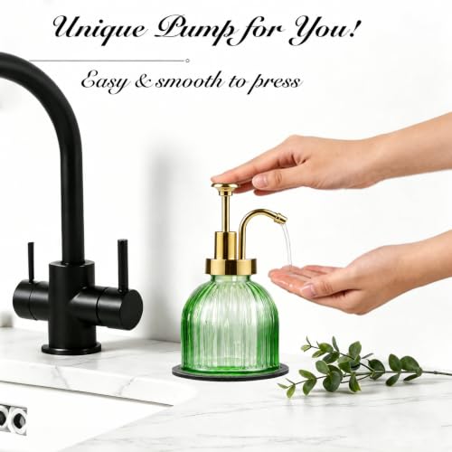 SheeChung 8 Oz Glass Soap Dispenser Bathroom, Green Liquid Hand Soap Dispenser with Pump, Refillable Dish Soap Dispenser for Kitchen, Cute Modern Stripes Lotion Bottle, Shampoo (Gold Pump, 1 Pack) - color: Green-gold Pump, 1 Pack